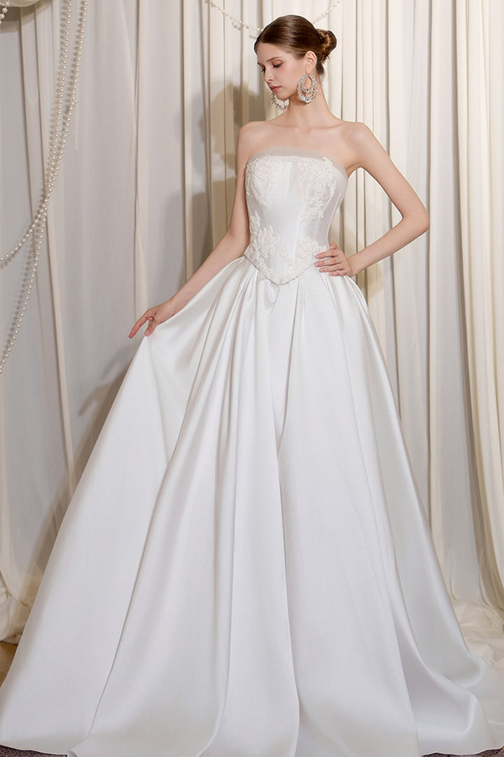 Satin Strapless A-Line Dress with Train