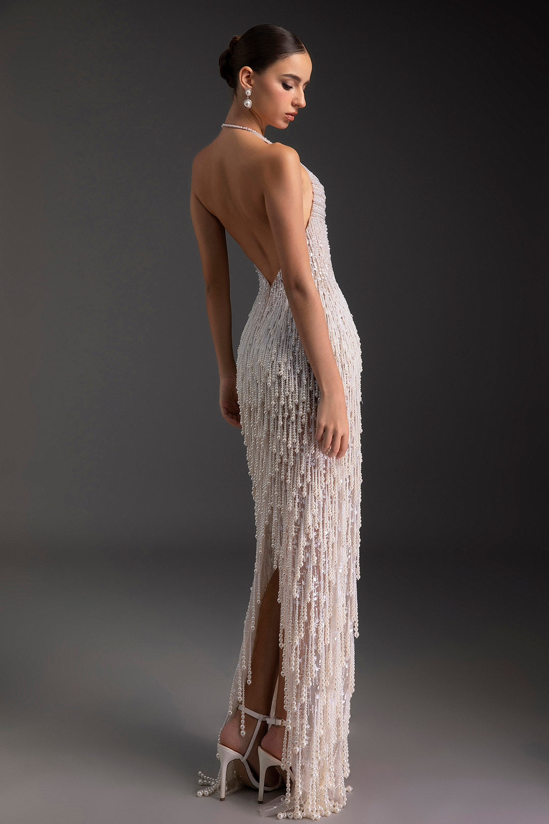 Pearl Embellished Halter Column Dress