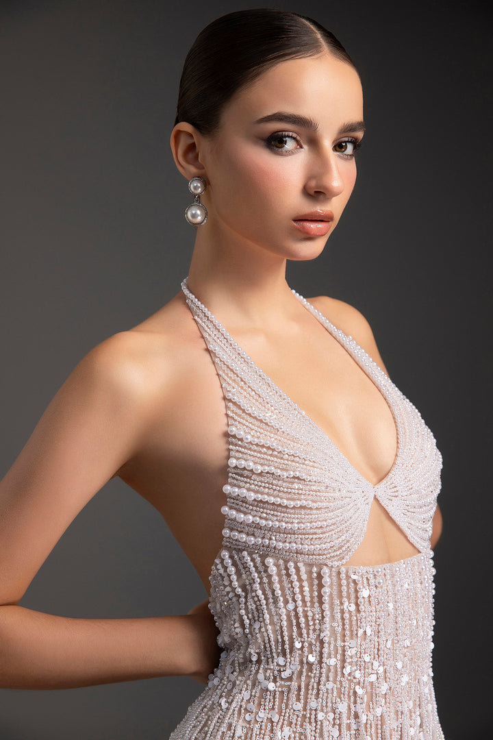 Pearl Embellished Halter Column Dress