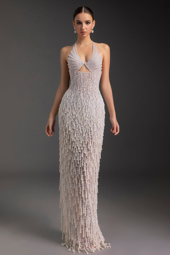 Pearl Embellished Halter Column Dress
