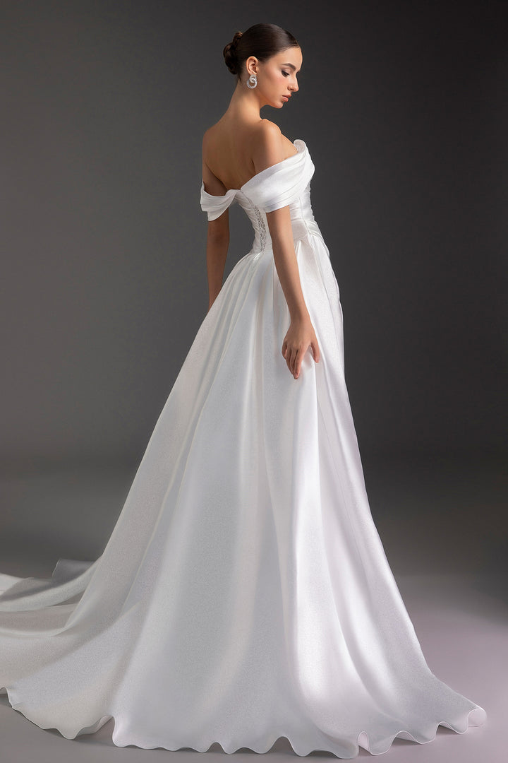 Ruched Off-The-Shoulder Satin Dress