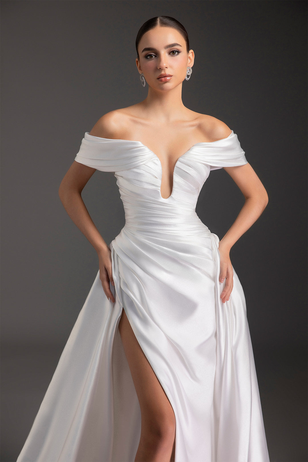 Ruched Off-The-Shoulder Satin Dress
