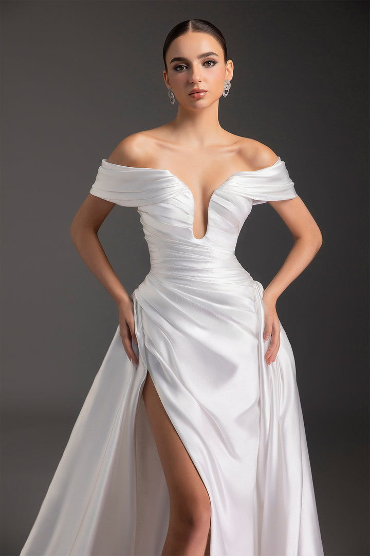 Ruched Off-The-Shoulder Satin Dress