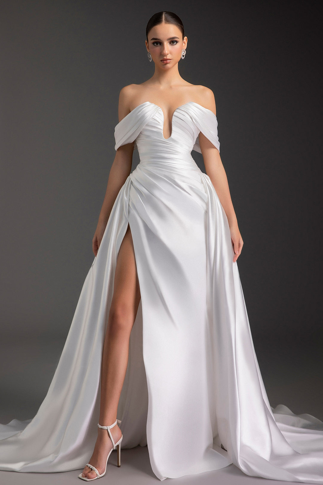 Ruched Off-The-Shoulder Satin Dress