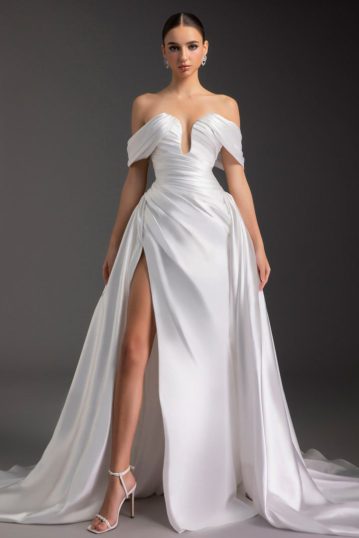 Ruched Off-The-Shoulder Satin Dress