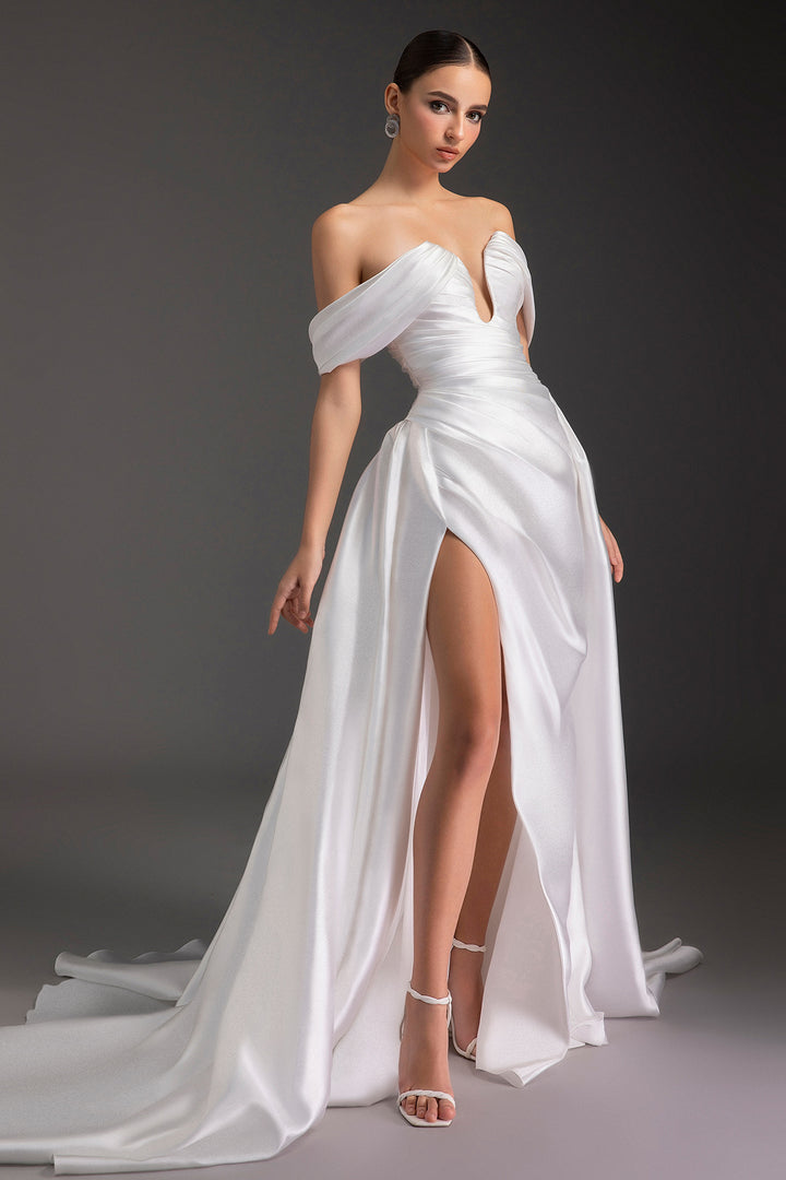 Ruched Off-The-Shoulder Satin Dress