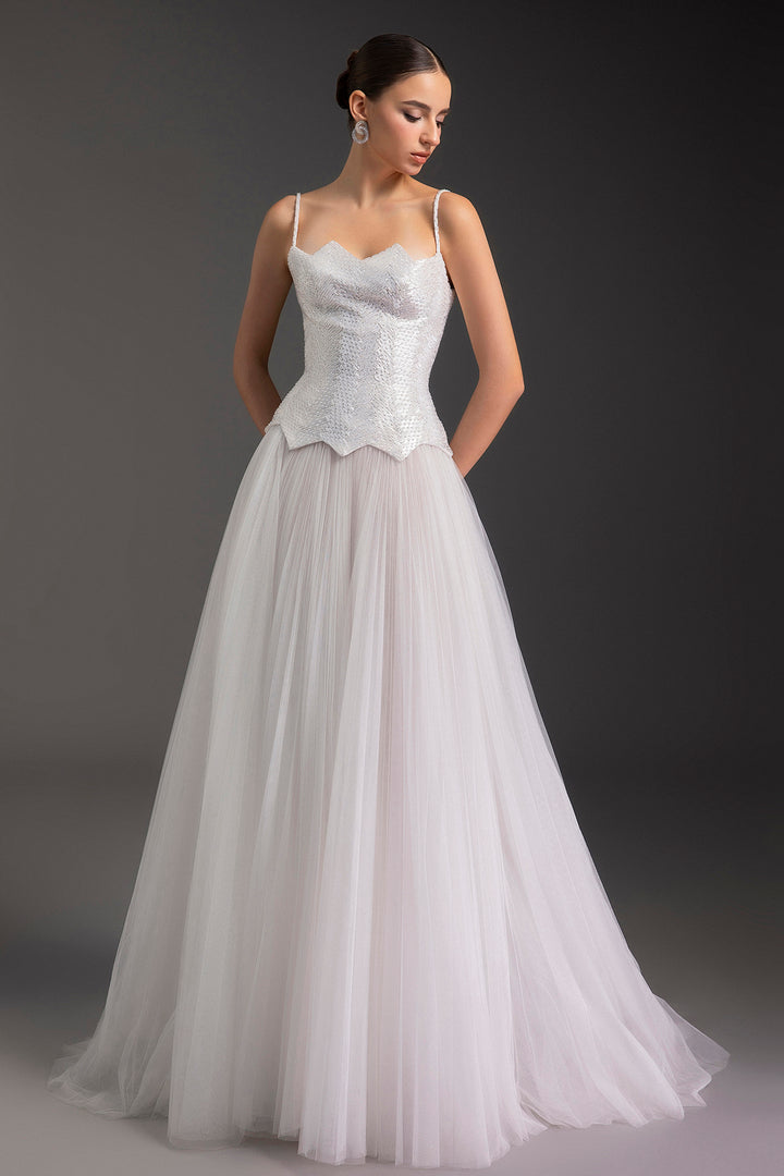 Crystal Embellished Spaghetti Strap A-Line Dress