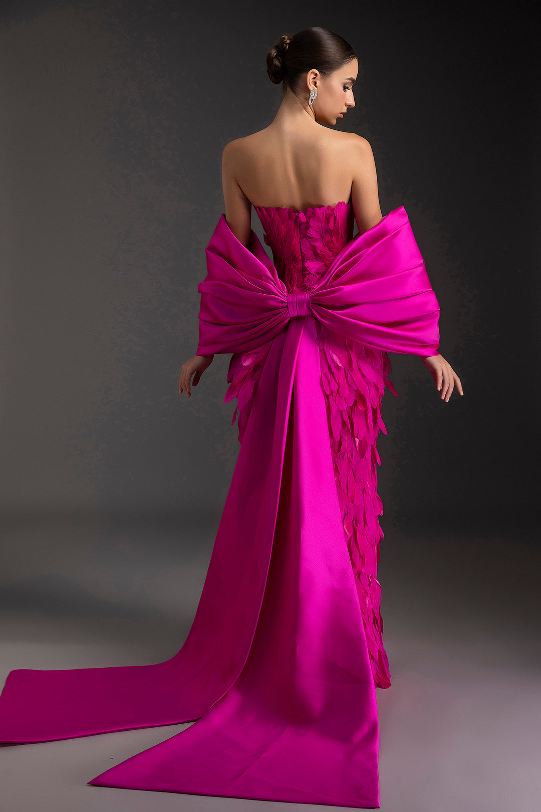 Feathered Plunging Neckline with Satin Bow Dress