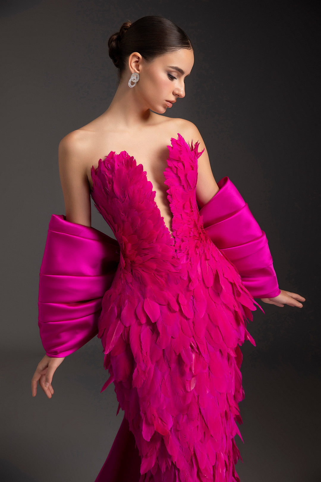 Feathered Plunging Neckline with Satin Bow Dress