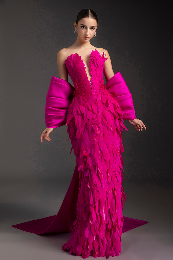 Feathered Plunging Neckline with Satin Bow Dress