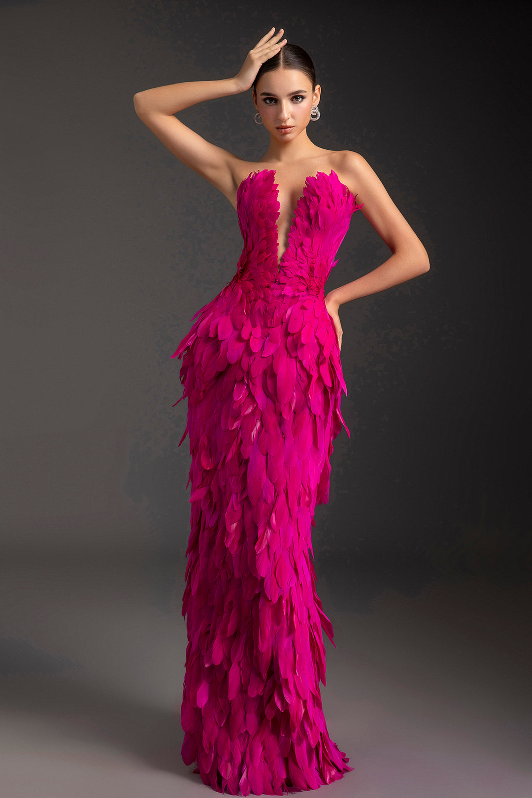 Feathered Plunging Neckline with Satin Bow Dress