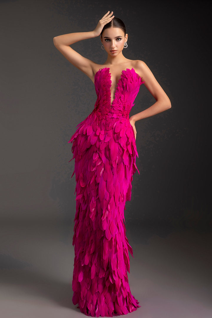 Feathered Plunging Neckline with Satin Bow Dress