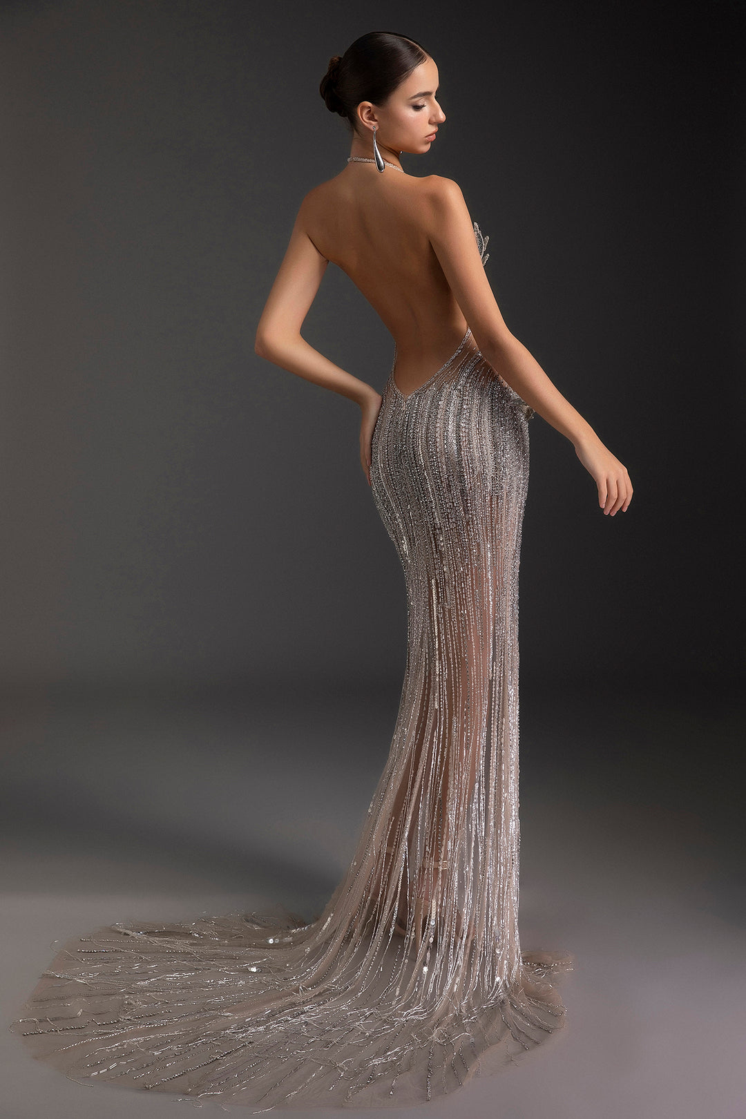 Beaded Halter Midriff Sheer Column Dress