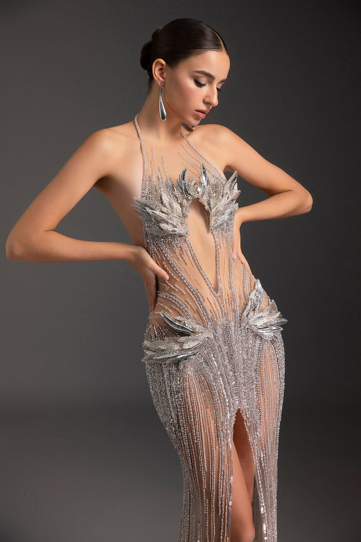 Beaded Halter Midriff Sheer Column Dress