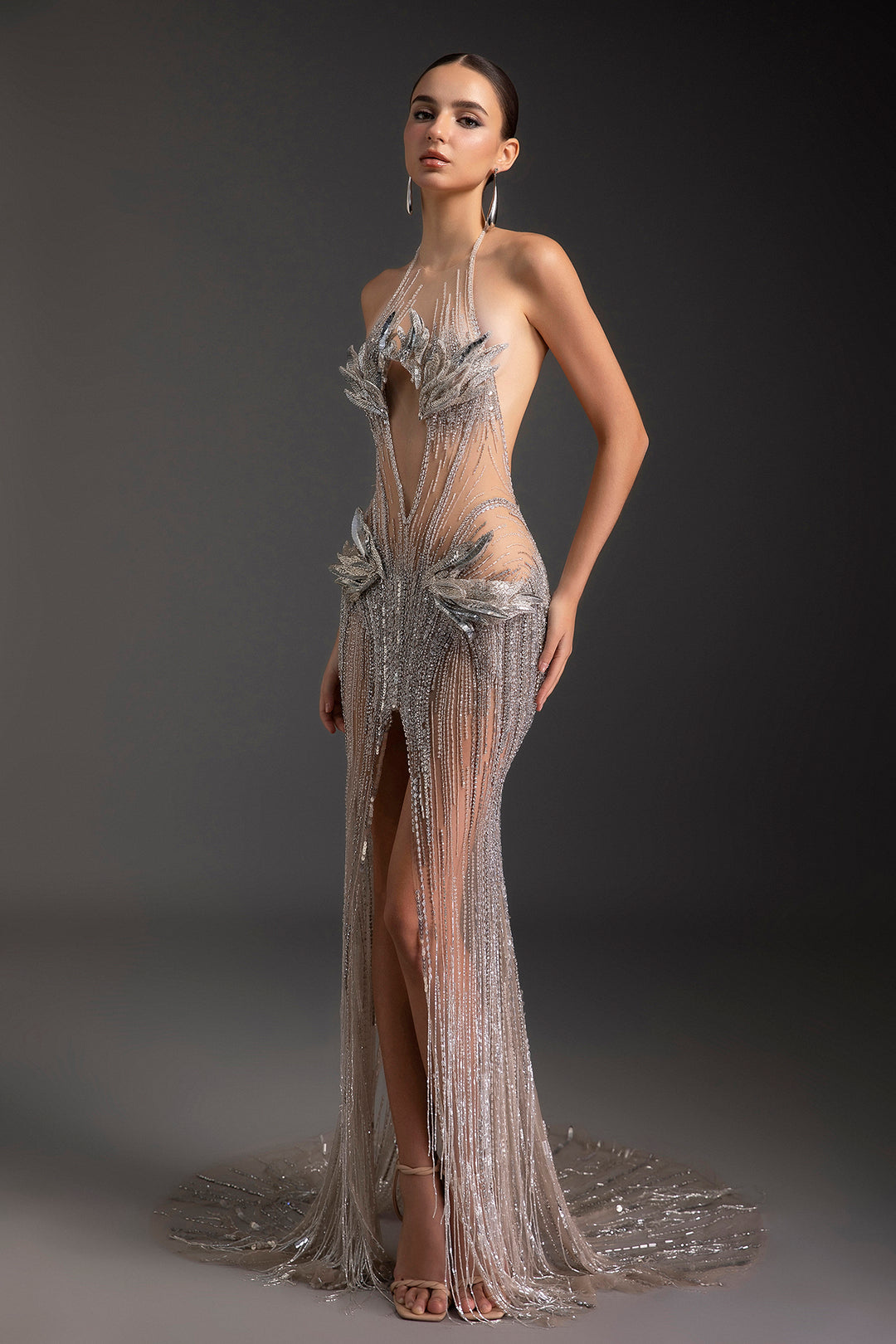 Beaded Halter Midriff Sheer Column Dress