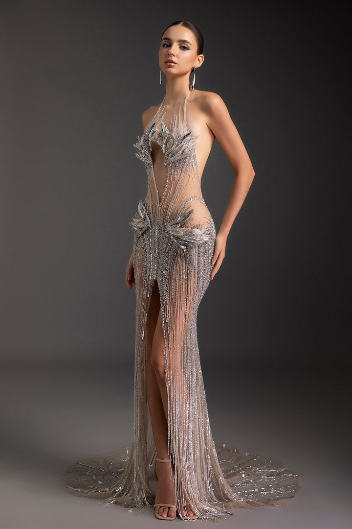 Beaded Halter Midriff Sheer Column Dress