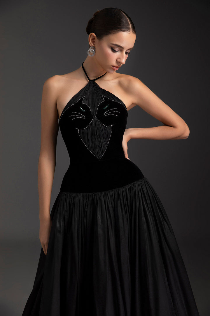 Crystal-Halter Velvet A-Line Dress