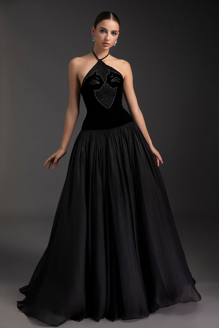 Crystal-Halter Velvet A-Line Dress
