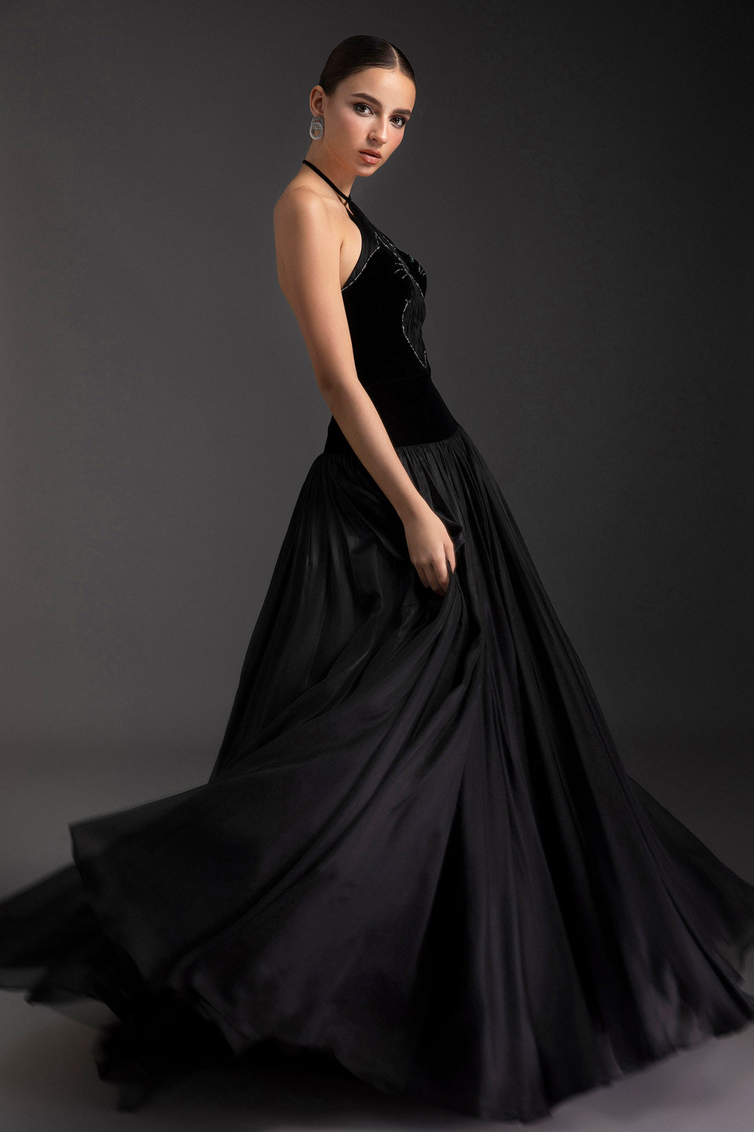 Crystal-Halter Velvet A-Line Dress