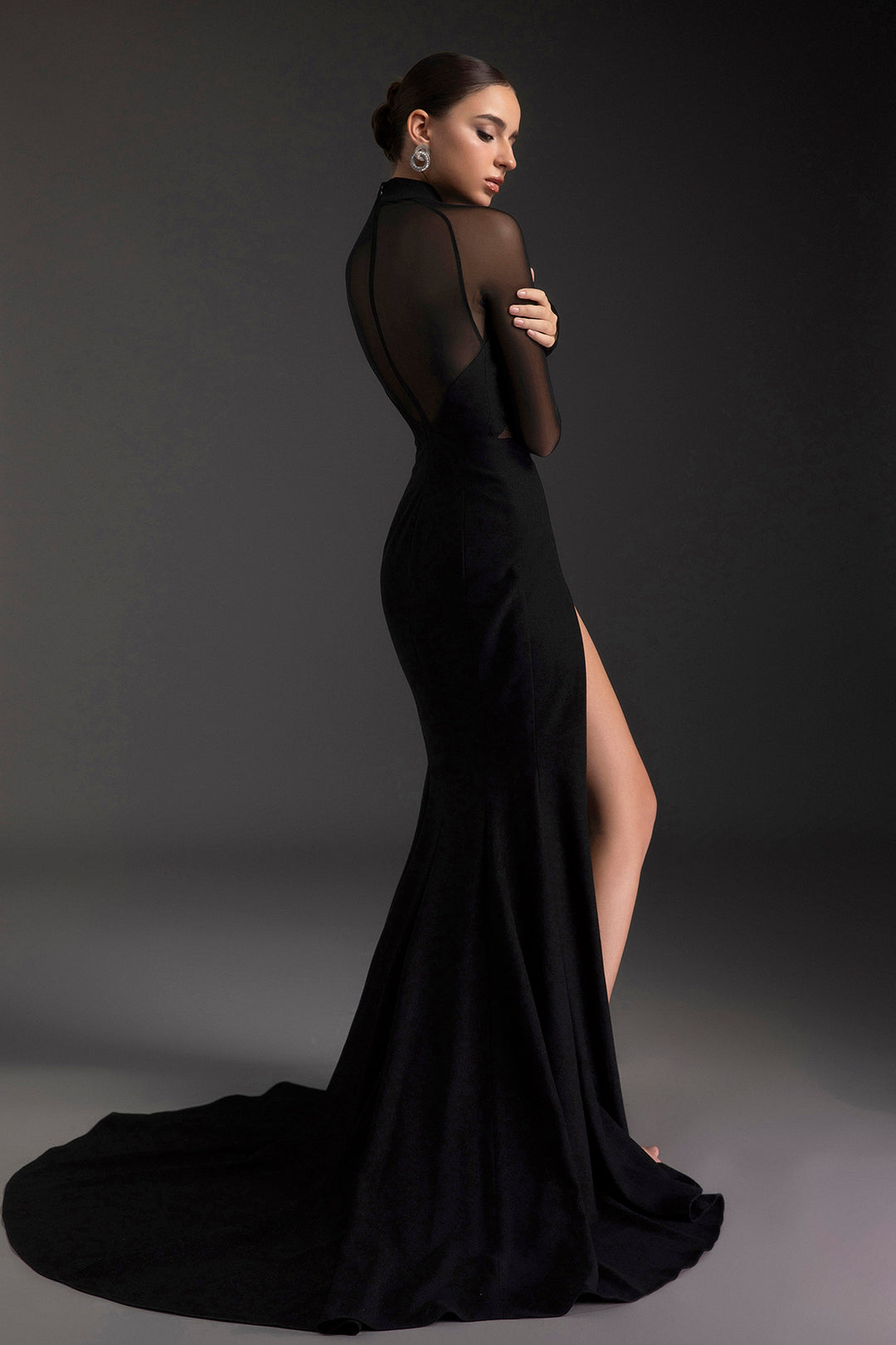 Long Sleeve Tulle Cut-Out Slit Dress