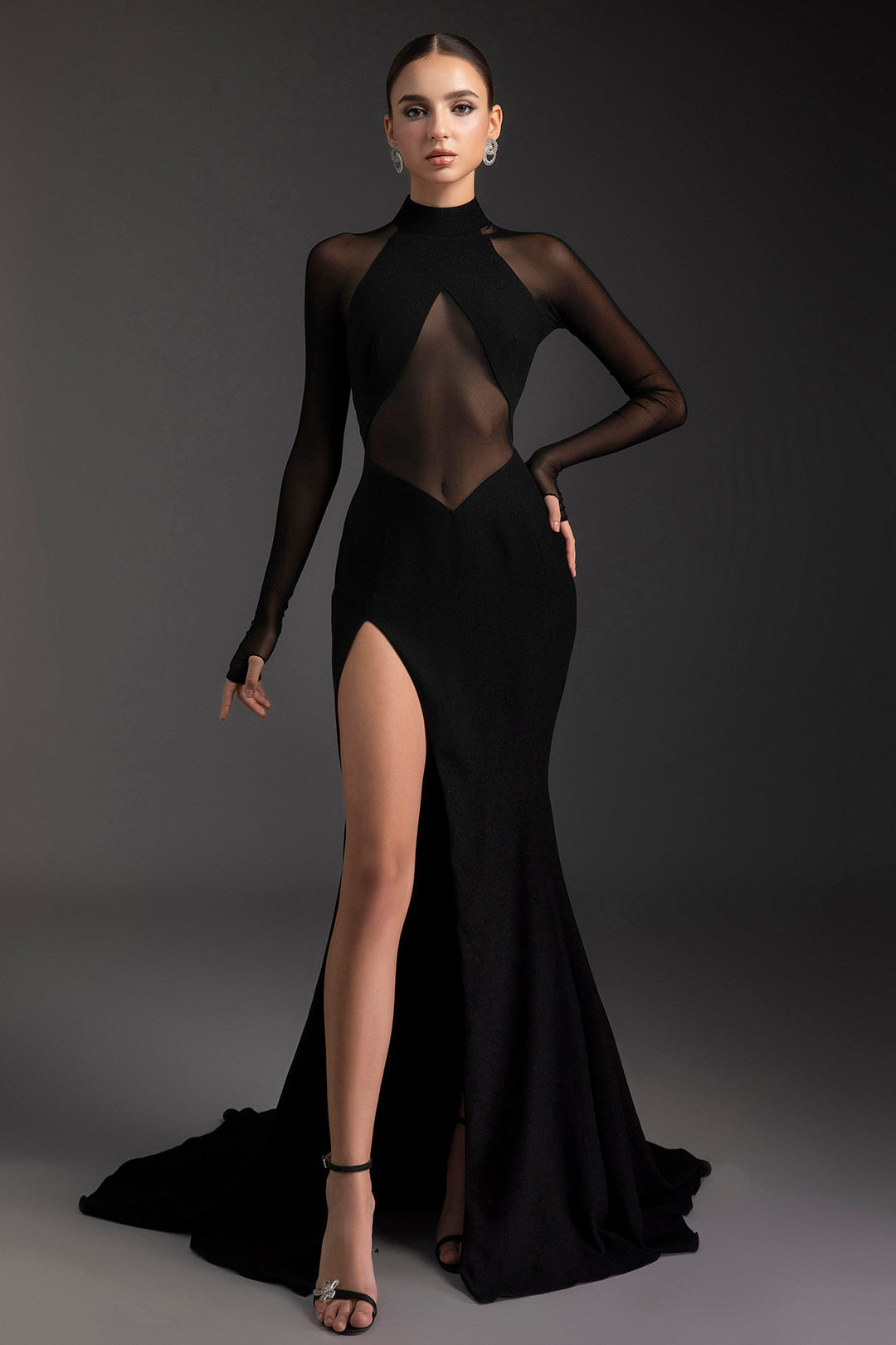 Long Sleeve Tulle Cut-Out Slit Dress