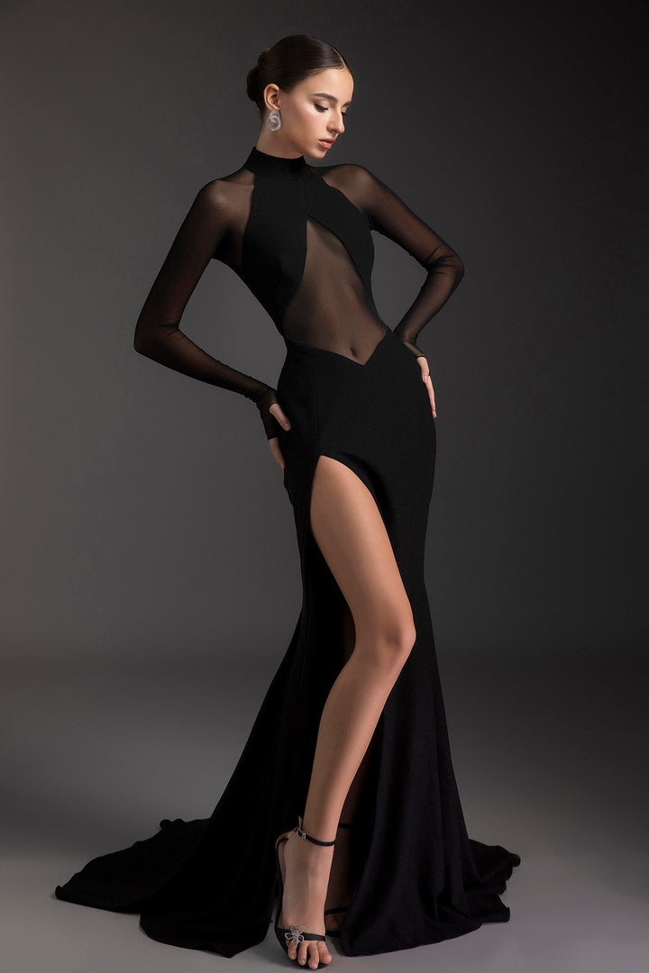 Long Sleeve Tulle Cut-Out Slit Dress