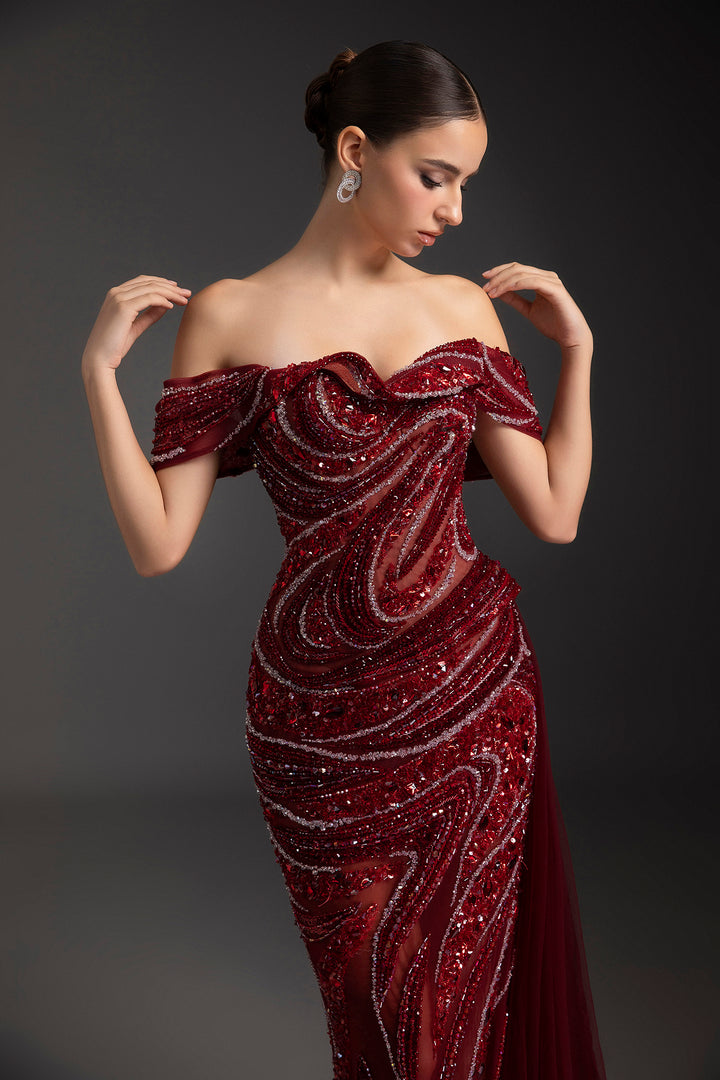 Off-The-Shoulder Neckline Rhinestone Dress