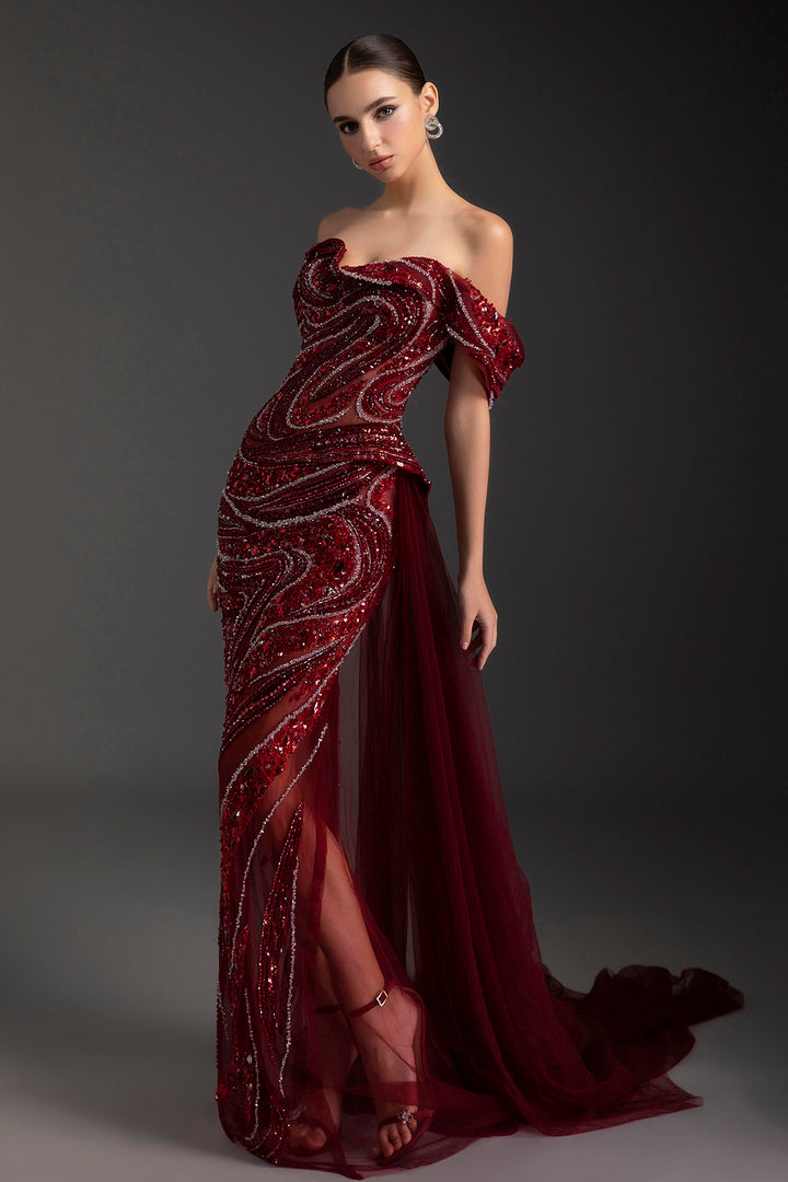 Off-The-Shoulder Neckline Rhinestone Dress