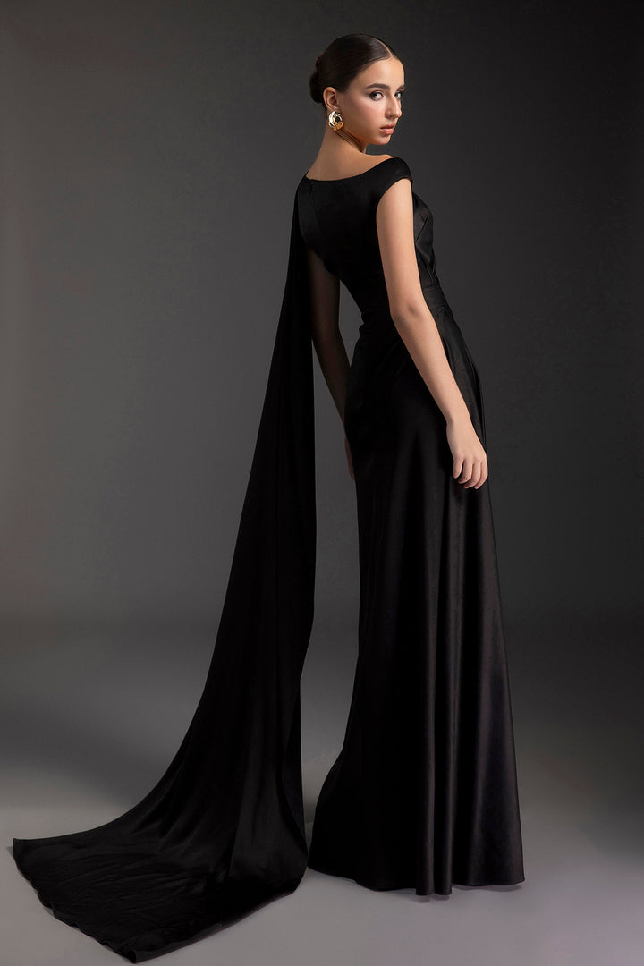 Asymmetric Draped Satin Train Dress