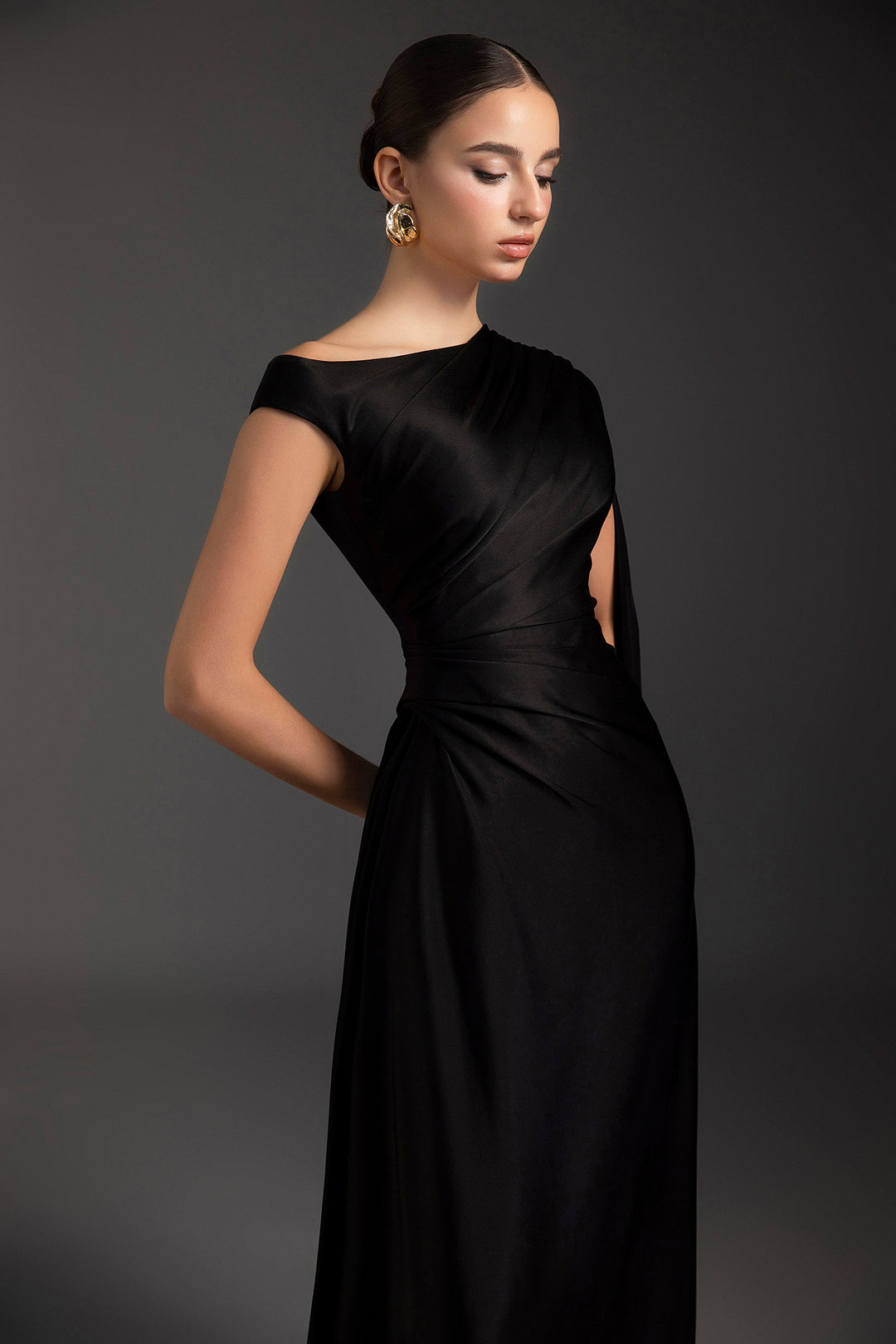 Asymmetric Draped Satin Train Dress