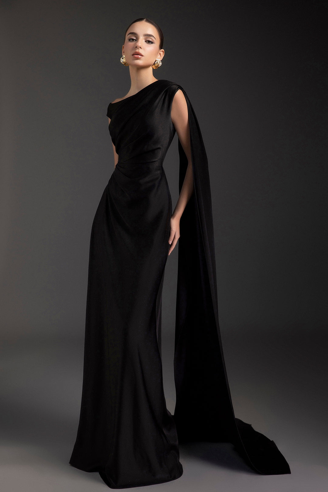 Asymmetric Draped Satin Train Dress