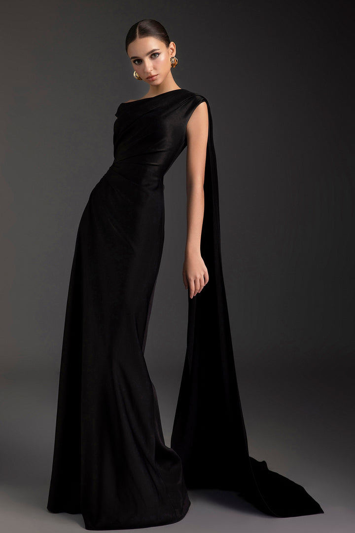Asymmetric Draped Satin Train Dress