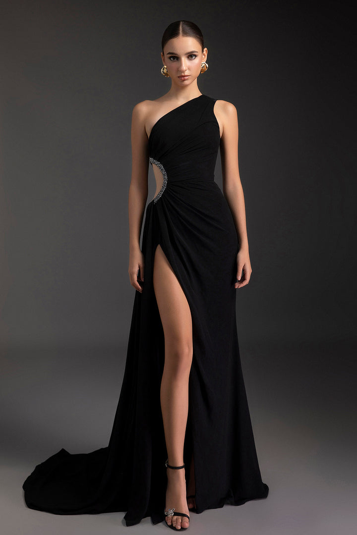 One-Shoulder Crepe Dress with Crystal Waist Cutout