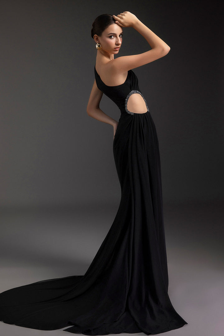 One-Shoulder Crepe Dress with Crystal Waist Cutout