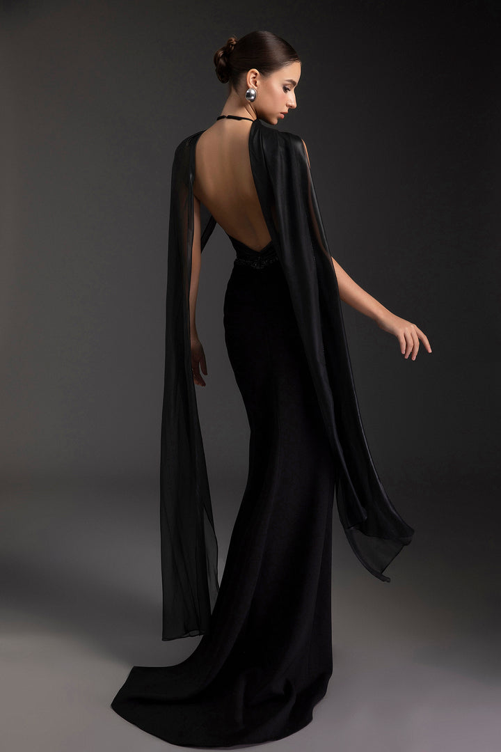 Chiffon Halter Dress with Draped Slit and Beaded Bodice