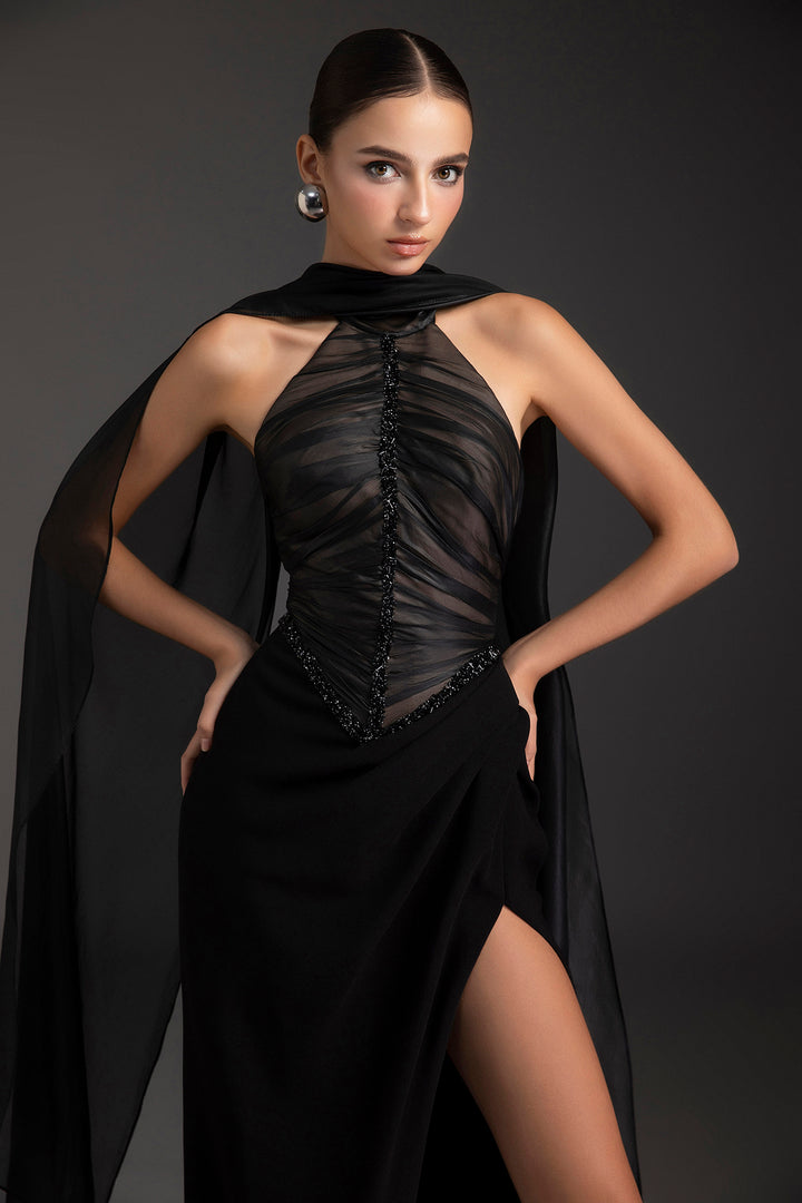 Chiffon Halter Dress with Draped Slit and Beaded Bodice