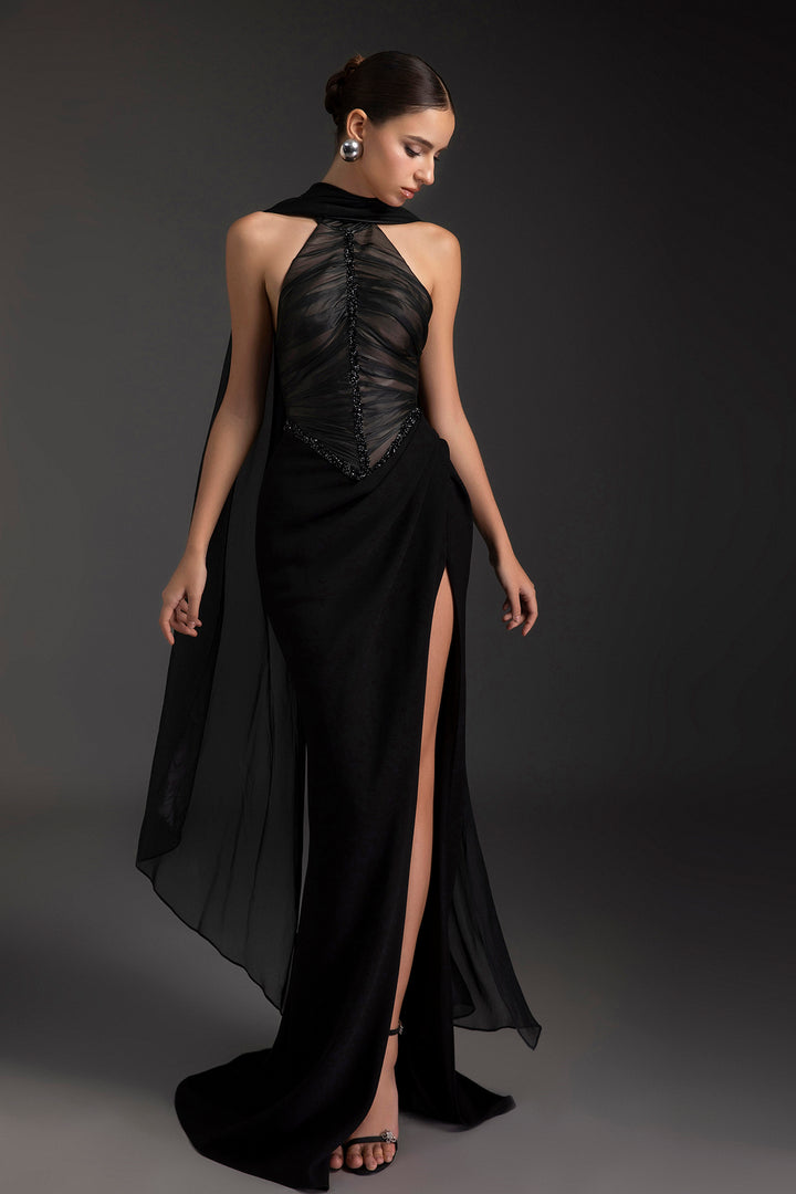 Chiffon Halter Dress with Draped Slit and Beaded Bodice