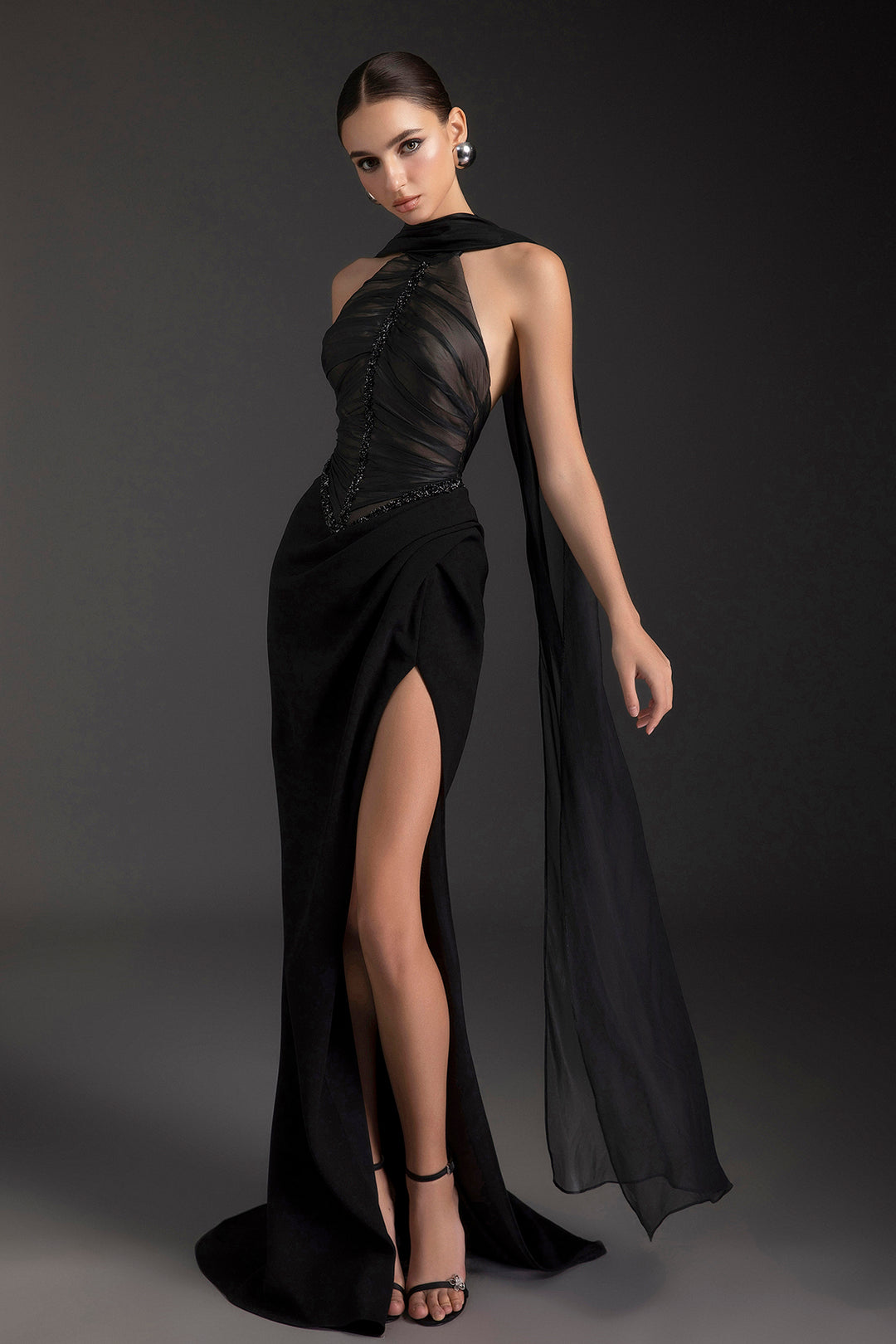 Chiffon Halter Dress with Draped Slit and Beaded Bodice Black / FR 38
