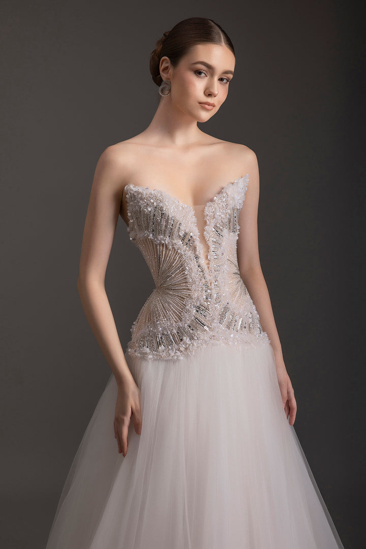 Strapless Floral Embellished Tulle A-Line Dress