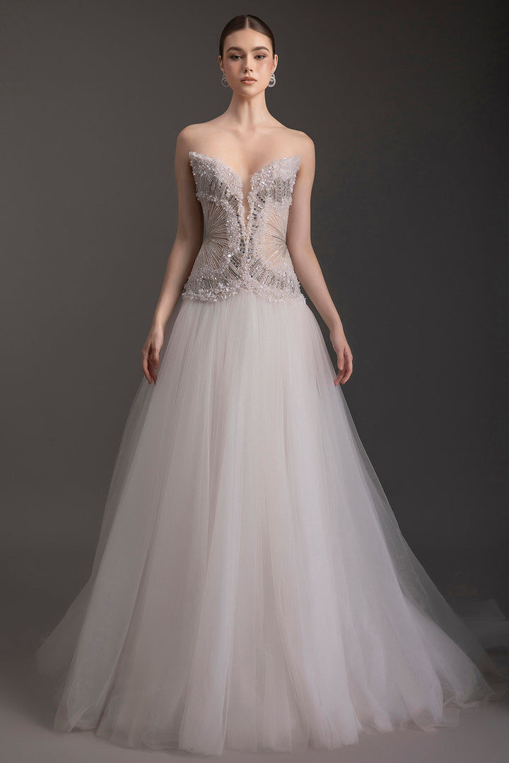 Strapless Floral Embellished Tulle A-Line Dress