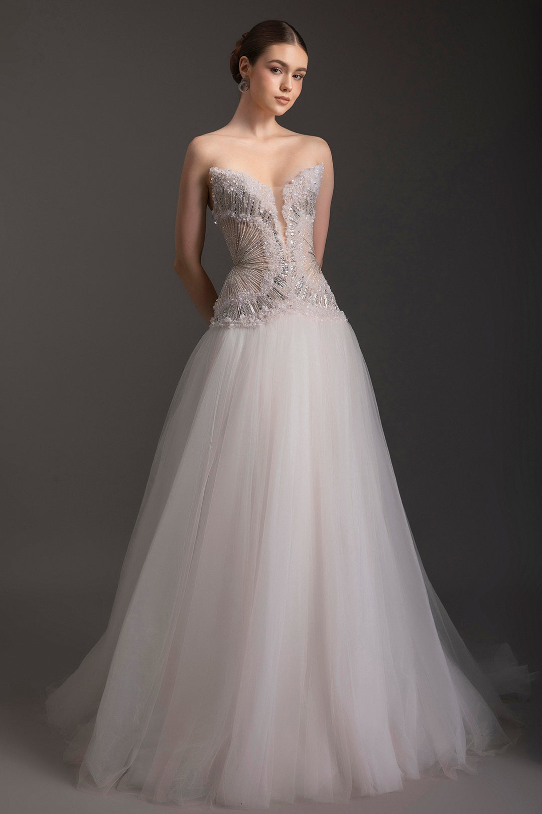 Strapless Floral Embellished Tulle A-Line Dress