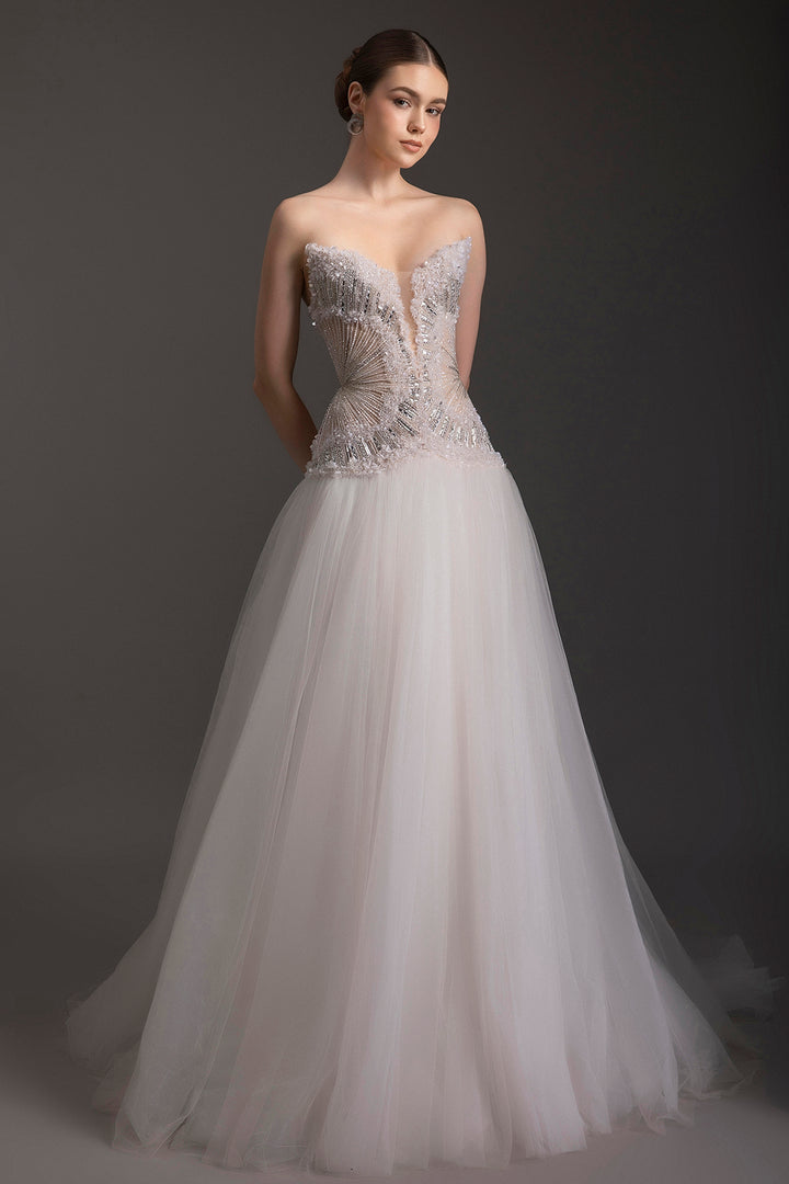 Strapless Floral Embellished Tulle A-Line Dress