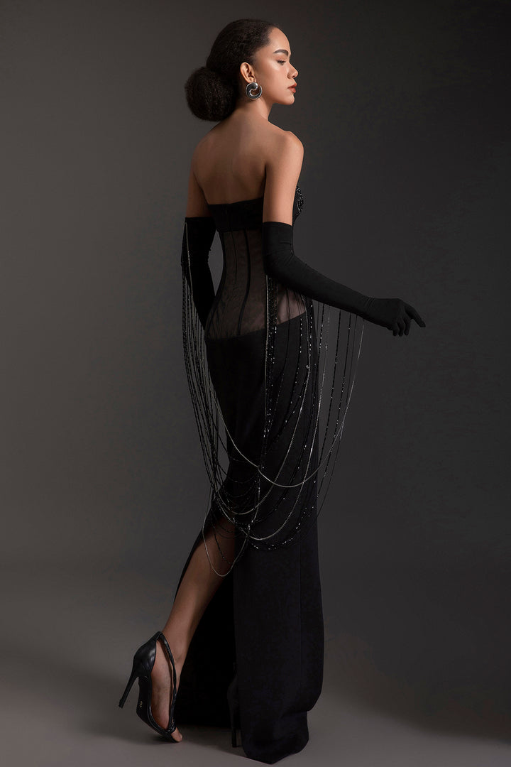 Strapless Beaded Corset Crepe Dress