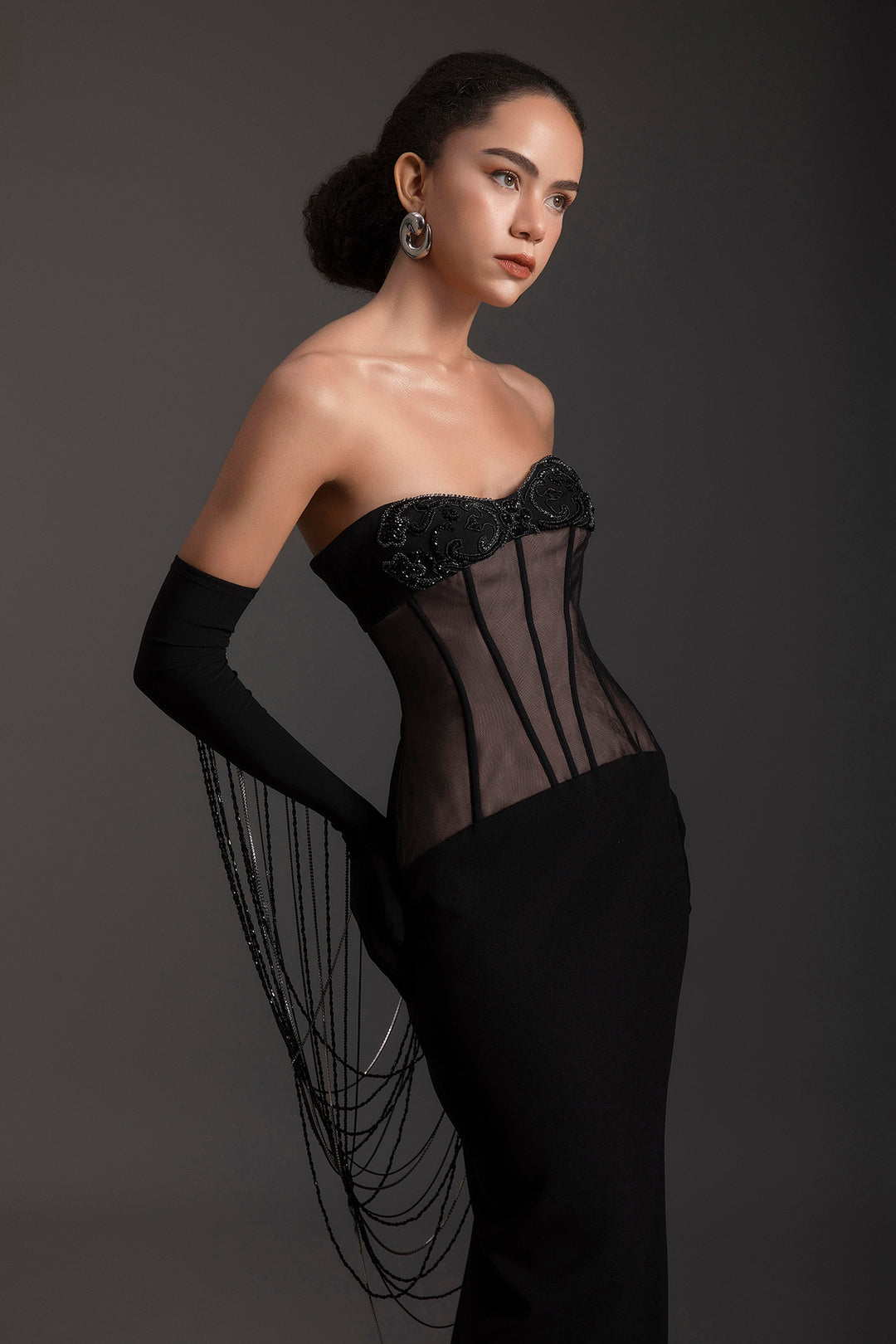Strapless Beaded Corset Crepe Dress