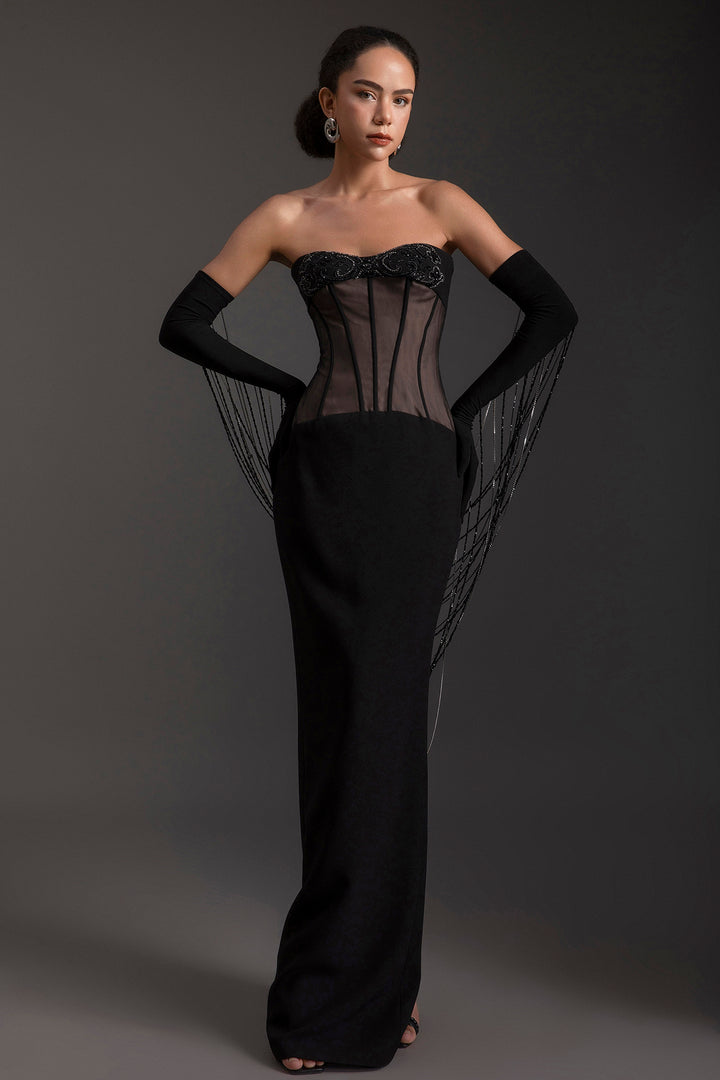 Strapless Beaded Corset Crepe Dress