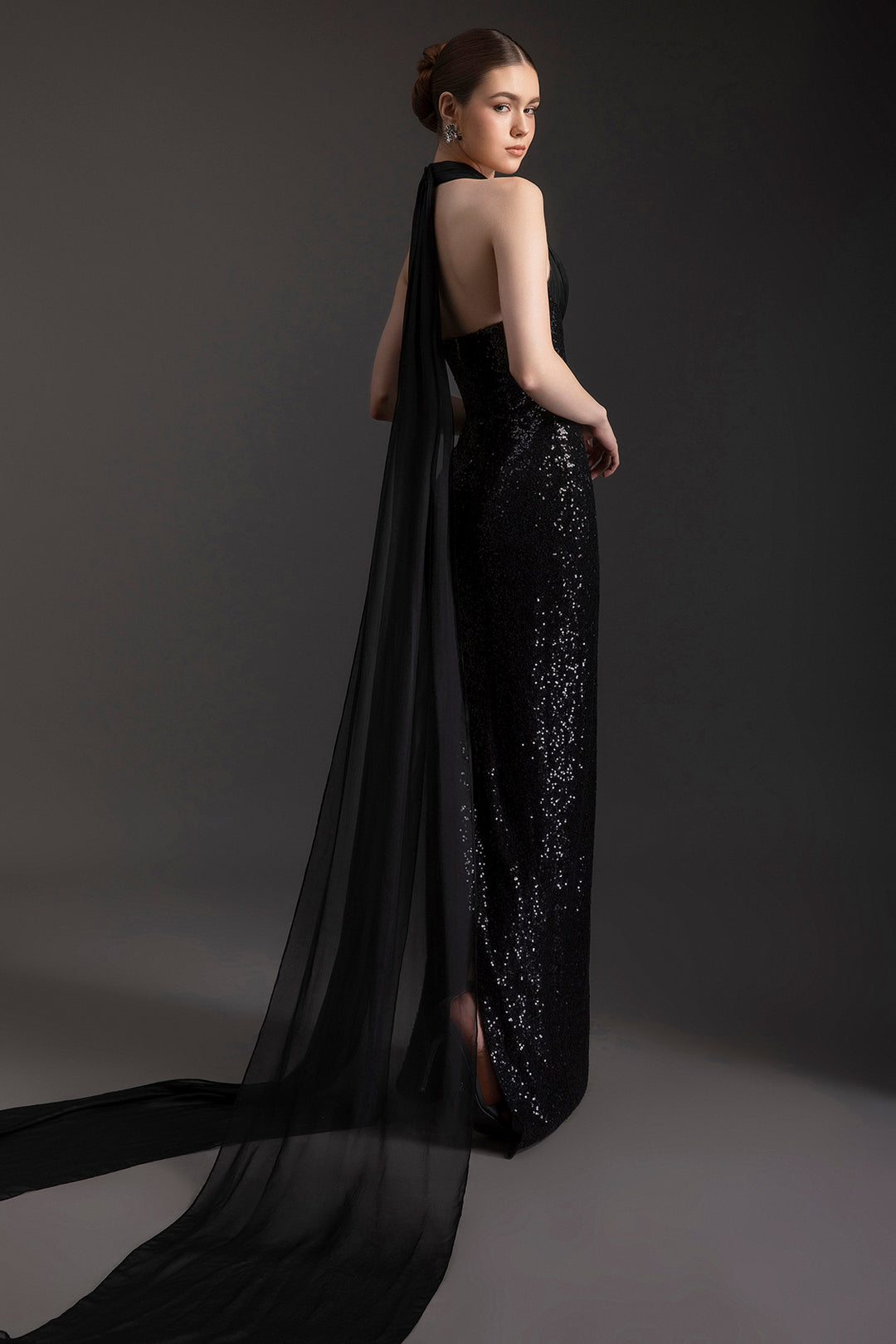 Sequin Halter Dress with Sheer Train