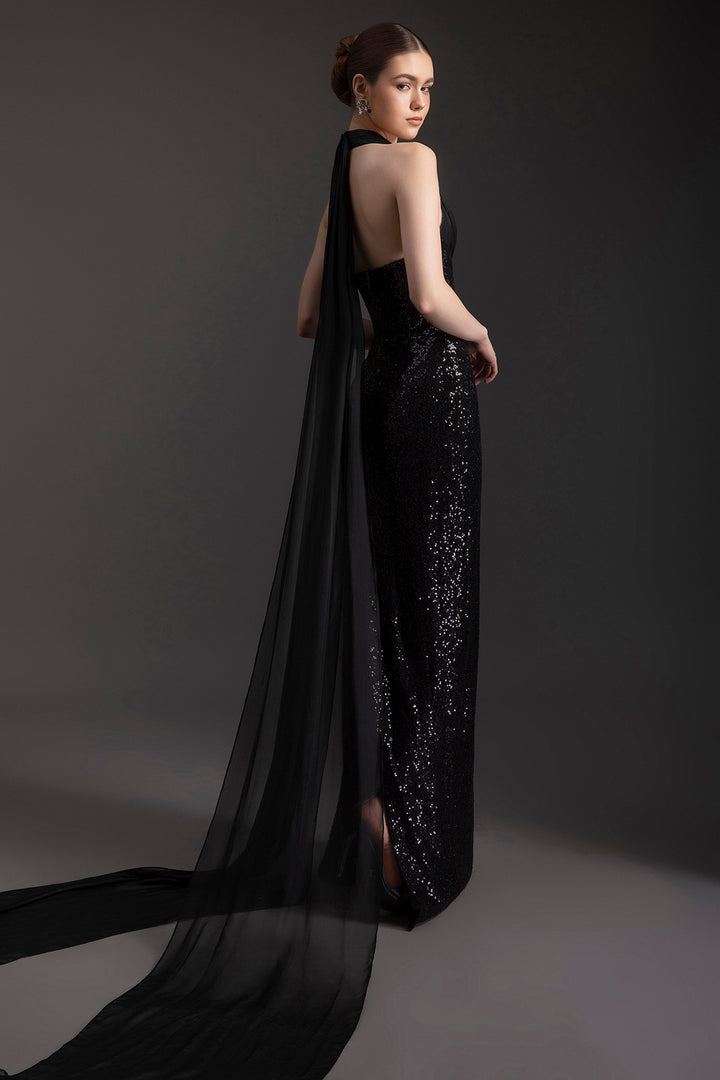 Sequin Halter Dress with Sheer Train