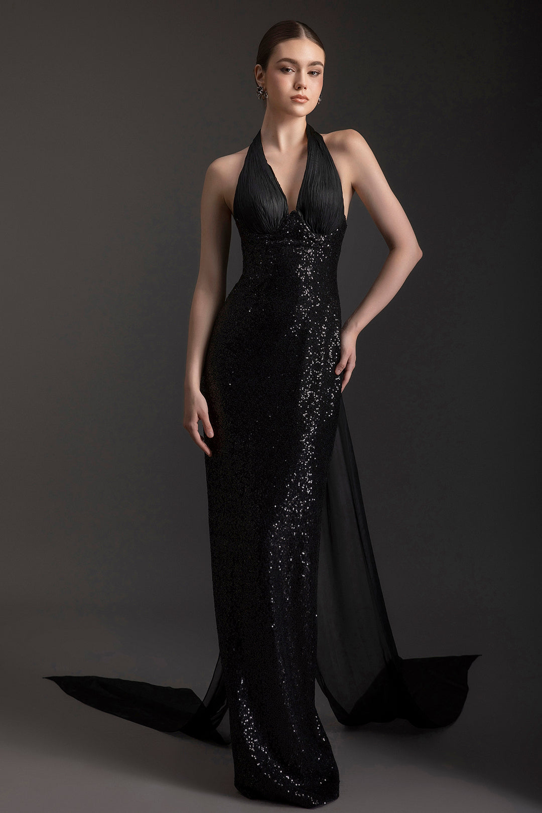 Sequin Halter Dress with Sheer Train