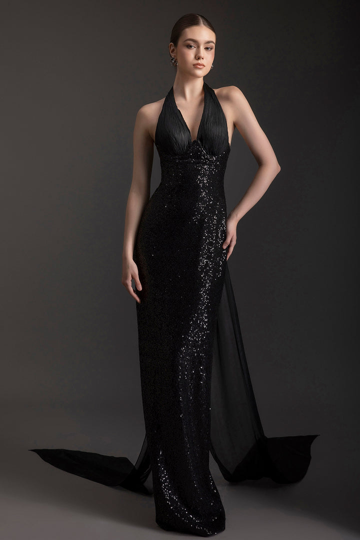 Sequin Halter Dress with Sheer Train