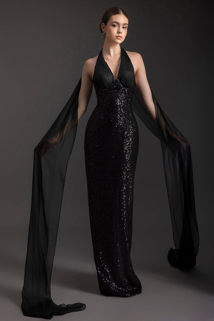 Sequin Halter Dress with Sheer Train